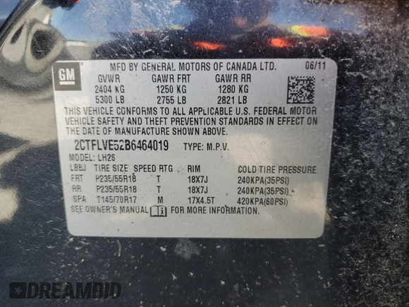 2011 GMC Terrain SLT-1 with VIN 2CTFLVE52B6464019, listed as a Copart auction lot 53384345 with 165,954 mi miles and Salvage title. Bid and sale history available at DreamBid. Image 13.
