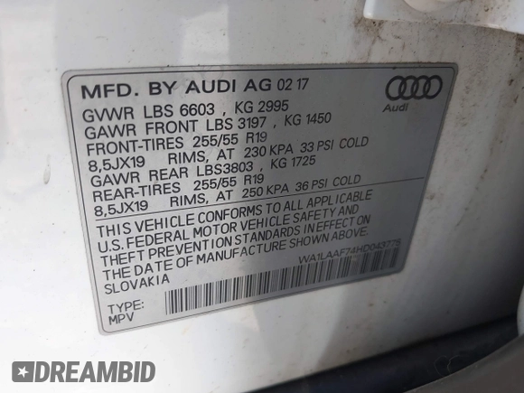 2017 Audi Q7 Premium Plus z VIN WA1LAAF74HD043775, wystawiony jako IAAI lot #42013115 z przebiegiem 68 519 mil mil oraz . Historia ofert i sprzedaży dostępna na DreamBid. Obrazek 9.