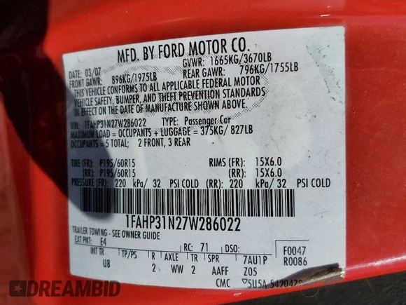 2007 Ford Focus S with VIN 1FAHP31N27W286022, listed as a Copart auction lot 56997445 with 112,157 mi miles and Salvage title. Bid and sale history available at DreamBid. Image 12.
