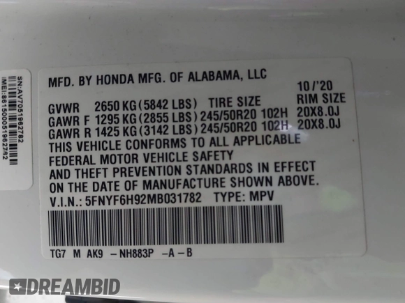 2021 Honda Pilot Touring 8-Passenger with VIN 5FNYF6H92MB031782, listed as a IAAI auction lot 42087322 with 70,062 mi miles and . Bid and sale history available at DreamBid. Image 9.