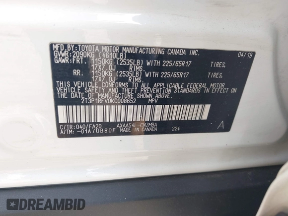 2019 Toyota RAV4 XLE with VIN 2T3P1RFV0KC008652, listed as a IAAI auction lot 42508557 with 87,684 mi miles and . Bid and sale history available at DreamBid. Image 9.