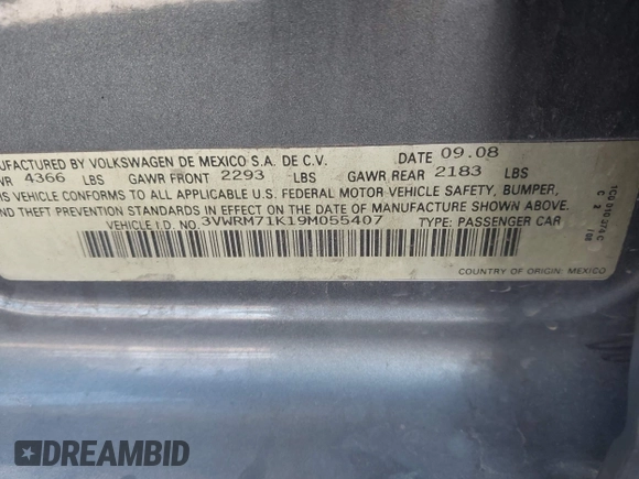 2009 Volkswagen Jetta SE с VIN 3VWRM71K19M055407, выставлен на аукционе IAAI как лот 42308740 с пробегом 201 630 миль миль и . История ставок и продаж доступна на DreamBid. Изображение 9.