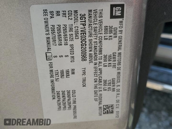 2012 GMC Sierra 1500 SLE with VIN 3GTP1VE03CG200968, listed as a Copart auction lot 59004735 with 146,777 mi miles and Salvage title. Bid and sale history available at DreamBid. Image 12.