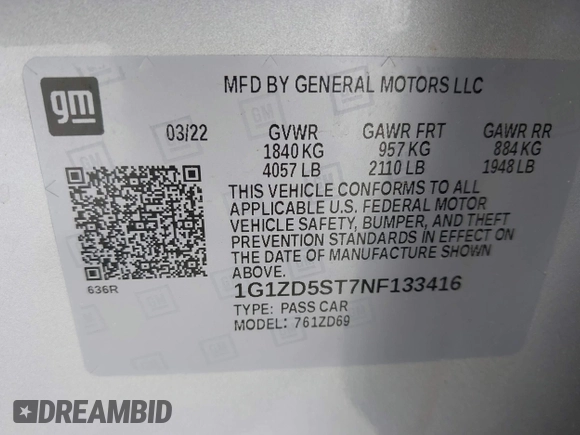 2022 Chevrolet Malibu LT with VIN 1G1ZD5ST7NF133416, listed as a IAAI auction lot 41961337 with 48,381 mi miles and . Bid and sale history available at DreamBid. Image 9.