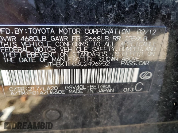 2012 Lexus ES 330 z VIN JTHBK1EG3C2496952, wystawiony jako Copart lot #53044695 z przebiegiem 119 697 mil mil oraz Nie do naprawy • Non repairable. Historia ofert i sprzedaży dostępna na DreamBid. Obrazek 13.