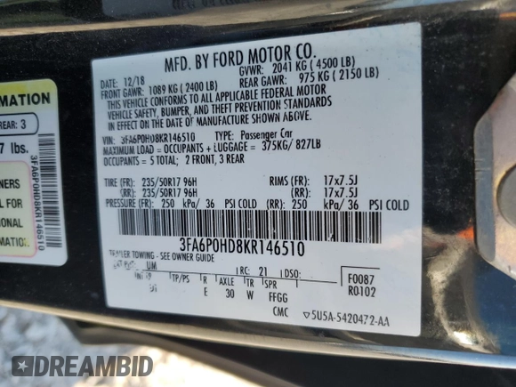 2019 Ford Fusion SE with VIN 3FA6P0HD8KR146510, listed as a Copart auction lot 50398765 with 128,283 mi miles and Salvage Title. Bid and sale history available at carsss.com. Image 14.