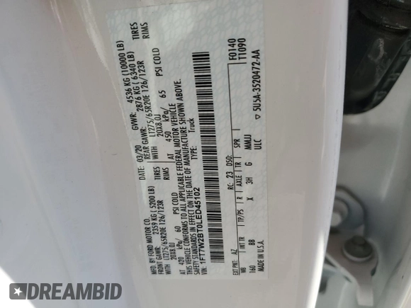 2020 Ford F-250 XL with VIN 1FT7W2BT0LED45102, listed as a Copart auction lot 51644355 with Not provided miles and Salvage title. Bid and sale history available at DreamBid. Image 14.