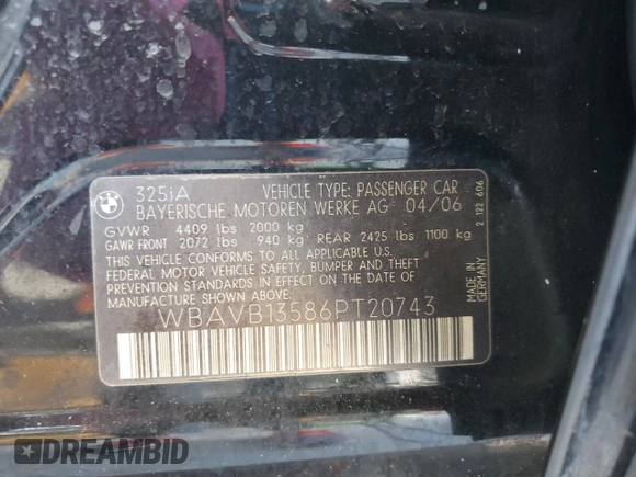 2006 BMW 3 Series 325i with VIN WBAVB13586PT20743, listed as a Copart auction lot 64251775 with Not provided miles and Clean title. Bid and sale history available at DreamBid. Image 12.