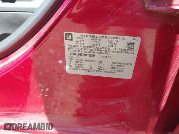 2013 Chevrolet Equinox LT z VIN 2GNALDEK6D1193589, wystawiony jako IAAI lot #41958814 z przebiegiem 90 077 mil mil oraz . Historia ofert i sprzedaży dostępna na DreamBid. Obrazek 9.