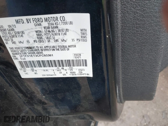 2012 Ford F-150 XL with VIN 1FTFX1ET3CFC93361, listed as a IAAI auction lot 41060907 with 194,273 mi miles. Bid and sale history available at carsss.com. Image 9.
