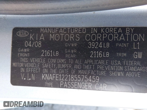 2008 Kia Spectra EX with VIN KNAFE122185575459, listed as a IAAI auction lot 42137257 with 55,402 mi miles and . Bid and sale history available at DreamBid. Image 9.