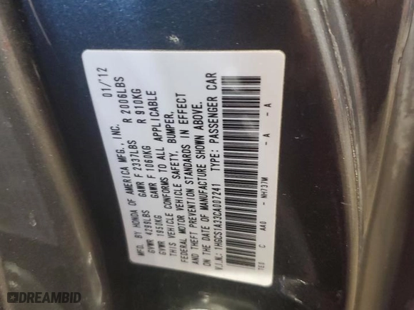 2012 Honda Accord Cpe LX-S with VIN 1HGCS1A33CA007241, listed as a Copart auction lot 48411515 with 130,574 mi miles and Salvage Title. Bid and sale history available at carsss.com. Image 12.