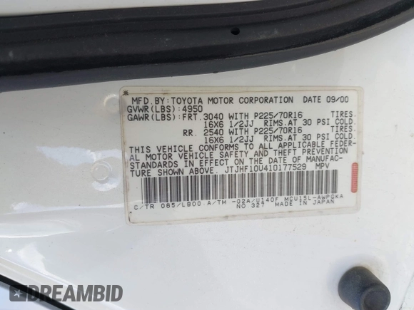 2001 Lexus RX 300 with VIN JTJHF10U410177529, listed as a IAAI auction lot 42172677 with 229,837 mi miles and . Bid and sale history available at DreamBid. Image 9.