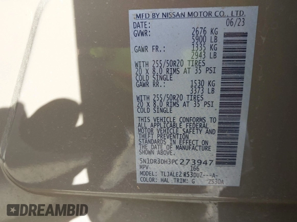 2023 Nissan Pathfinder Platinum with VIN 5N1DR3DH3PC273947, listed as a IAAI auction lot 41253438 with 13,101 mi miles and . Bid and sale history available at DreamBid. Image 9.