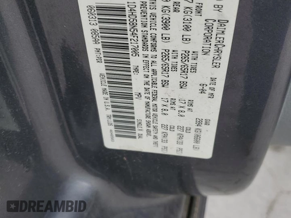 2004 Dodge Durango Limited z VIN 1D4HD58N54F217005, wystawiony jako Copart lot #56061125 z przebiegiem 185 114 mil mil oraz Szkoda całkowita • Salvage title. Historia ofert i sprzedaży dostępna na DreamBid. Obrazek 14.