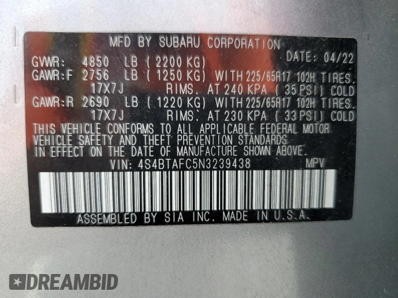 2022 Subaru Outback Premium with VIN 4S4BTAFC5N3239438, listed as a Copart auction lot 62679545 with 42,068 mi miles and Non repairable. Bid and sale history available at DreamBid. Image 13.