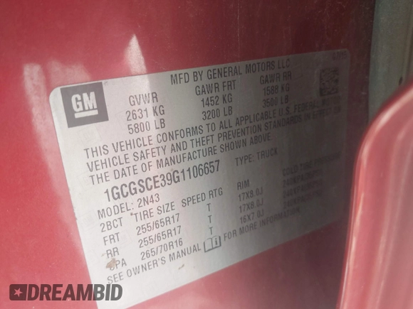 2016 Chevrolet Colorado 2WD LT with VIN 1GCGSCE39G1106657, listed as a IAAI auction lot 42527205 with 229,749 mi miles and . Bid and sale history available at DreamBid. Image 9.