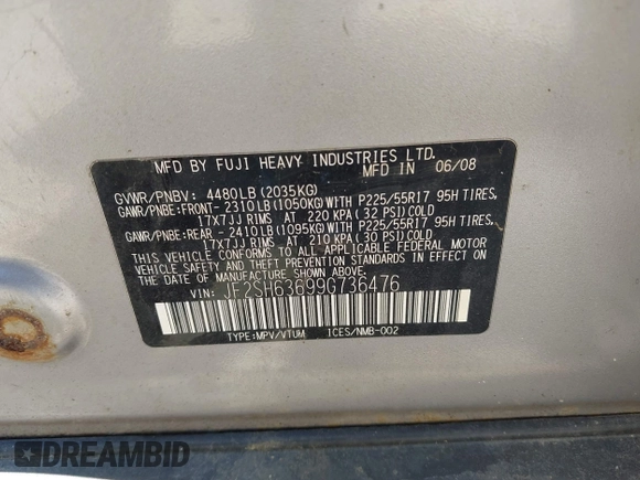 2009 Subaru Forester X with VIN JF2SH63699G736476, listed as a IAAI auction lot 42575191 with 191,589 mi miles and . Bid and sale history available at DreamBid. Image 9.