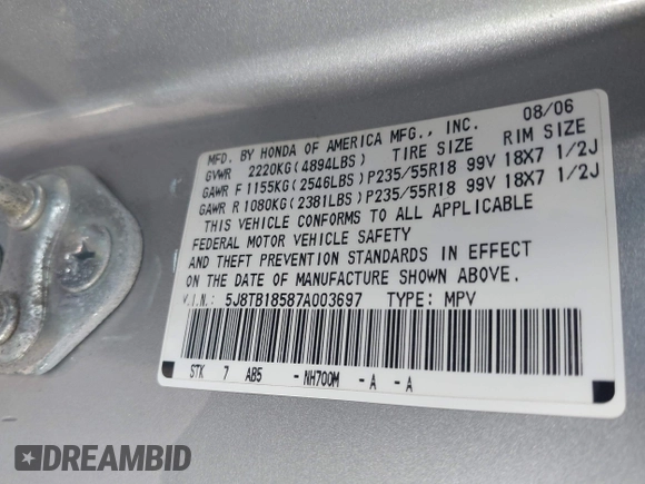2007 Acura RDX Tech Pkg with VIN 5J8TB18587A003697, listed as a IAAI auction lot 41755675 with 235,107 mi miles. Bid and sale history available at carsss.com. Image 9.
