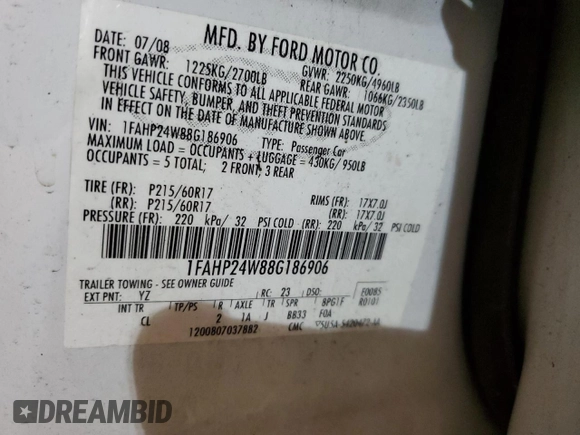 2008 Ford Taurus SEL with VIN 1FAHP24W88G186906, listed as a Copart auction lot 59939534 with 243,520 mi miles and Salvage Title. Bid and sale history available at carsss.com. Image 12.