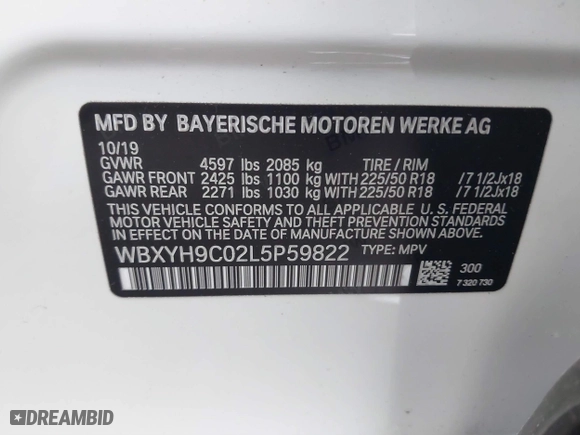 2020 BMW X2 sDrive28i with VIN WBXYH9C02L5P59822, listed as a IAAI auction lot 41893205 with 1 mi miles. Bid and sale history available at carsss.com. Image 9.