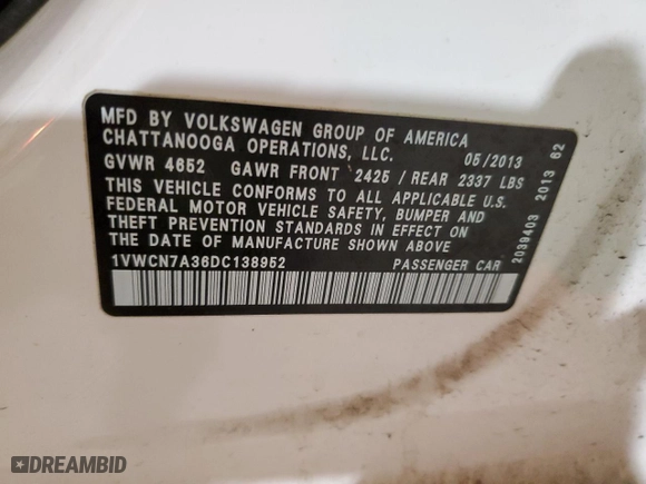 2013 Volkswagen Passat TDI SEL Premium with VIN 1VWCN7A36DC138952, listed as a Copart auction lot 46995245 with 69,007 mi miles and Salvage Title. Bid and sale history available at carsss.com. Image 12.