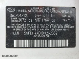 2013 Hyundai Elantra GLS with VIN 5NPDH4AE0DH262332, listed as a Copart auction lot 52781375 with 123,826 mi miles and Salvage Title. Bid and sale history available at carsss.com. Image 12.