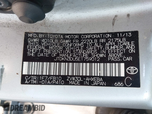 2014 Toyota Prius Four z VIN JTDKN3DU5E1759012, wystawiony jako IAAI lot #42313465 z przebiegiem 245 462 mil mil oraz . Historia ofert i sprzedaży dostępna na DreamBid. Obrazek 9.
