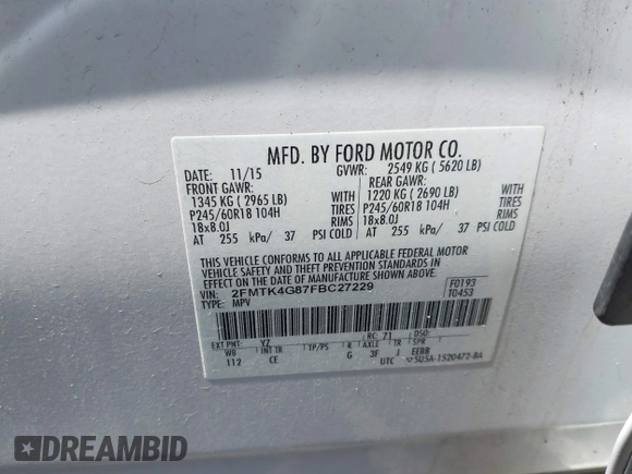 2015 Ford Edge SE с VIN 2FMTK4G87FBC27229, выставлен на аукционе IAAI как лот 42108482 с пробегом 122 199 миль миль и . История ставок и продаж доступна на DreamBid. Изображение 9.