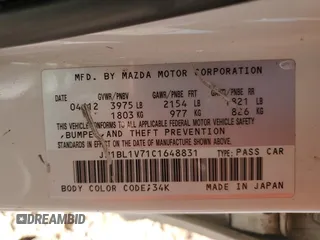 2012 Mazda 3 i Touring with VIN JM1BL1V71C1648831, listed as a Copart auction lot 54209205 with 153,182 mi miles and Salvage Title. Bid and sale history available at DreamBid. Image 12.