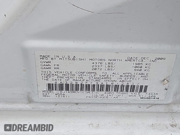 2010 Mitsubishi Galant FE with VIN 4A32B2FF9AE012837, listed as a IAAI auction lot 41196882 with 156,147 mi miles. Bid and sale history available at carsss.com. Image 9.