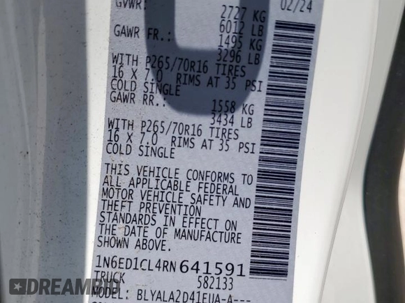 2024 Nissan Frontier S с VIN 1N6ED1CL4RN641591, выставлен на аукционе Copart как лот 59594025 с пробегом 7 162 миль миль и Списание • Salvage title. История ставок и продаж доступна на DreamBid. Изображение 12.