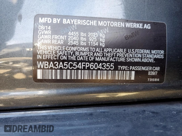 2015 BMW 3 Series 328i with VIN WBA3A5C54FP604355, listed as a Copart auction lot 41499835 with 153,295 mi miles and Salvage Title. Bid and sale history available at carsss.com. Image 12.