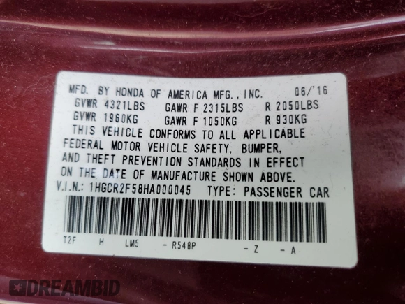 2017 Honda Accord Sedan Sport with VIN 1HGCR2F58HA000045, listed as a Copart auction lot 53127455 with 109,976 mi miles and Salvage Title. Bid and sale history available at carsss.com. Image 12.