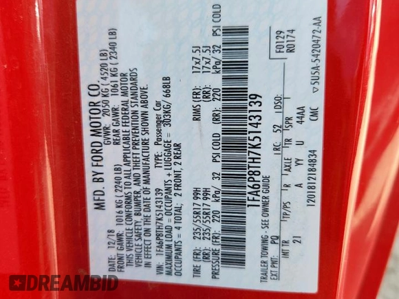 2019 Ford Mustang EcoBoost z VIN 1FA6P8TH7K5143139, wystawiony jako Copart lot #61650975 z przebiegiem 76 223 mil mil oraz Szkoda całkowita • Salvage title. Historia ofert i sprzedaży dostępna na DreamBid. Obrazek 13.