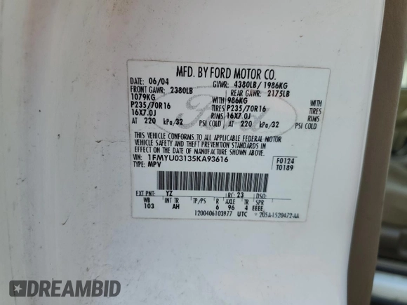 2005 Ford Escape XLT with VIN 1FMYU03135KA93616, listed as a Copart auction lot 50364865 with 210,884 mi miles and Salvage Title. Bid and sale history available at DreamBid. Image 15.