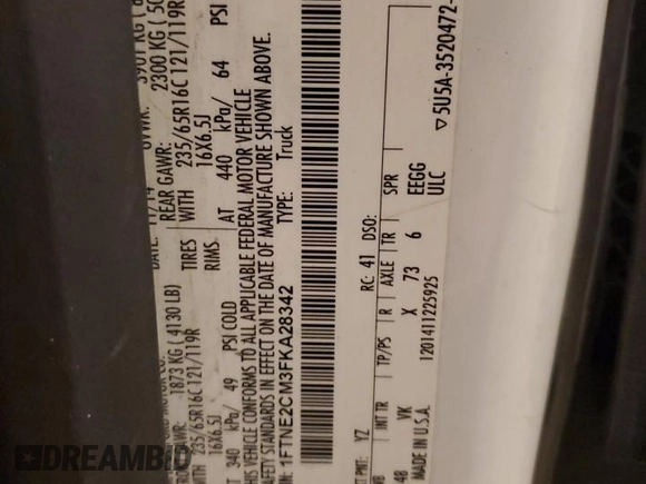 2015 Ford Transit Cargo with VIN 1FTNE2CM3FKA28342, listed as a Copart auction lot 44156275 with 251,391 mi miles and Salvage Title. Bid and sale history available at carsss.com. Image 13.