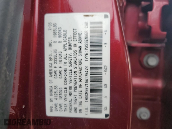 2005 Honda Accord EX z VIN 1HGCM56715A176478, wystawiony jako Copart lot #55135925 z przebiegiem 119 306 mil mil oraz Szkody całkowita. Historia ofert i sprzedaży dostępna na DreamBid. Obrazek 12.