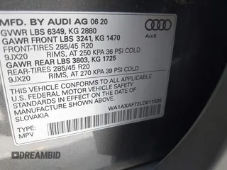 2020 Audi Q7 Premium with VIN WA1AXAF72LD011535, listed as a IAAI auction lot 41554635 with 48,970 mi miles. Bid and sale history available at carsss.com. Image 9.