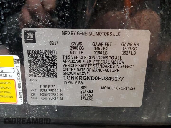 2017 Chevrolet Traverse LT with VIN 1GNKRGKD0HJ349177, listed as a Copart auction lot 50377335 with 72,994 mi miles and Salvage Title. Bid and sale history available at DreamBid. Image 13.