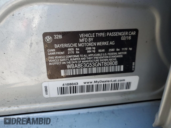 2016 BMW 3 Series 328i xDrive with VIN WBA8E3G53GNT80808, listed as a Copart auction lot 57236545 with 83,108 mi miles and Salvage title. Bid and sale history available at DreamBid. Image 12.