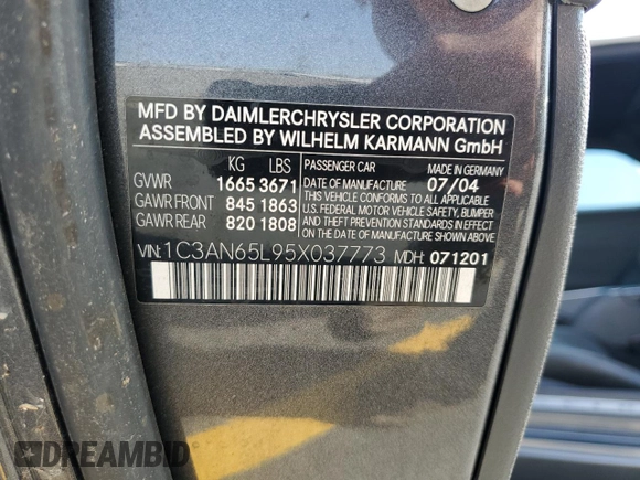 2005 Chrysler Crossfire Limited с VIN 1C3AN65L95X037773, выставлен на аукционе Copart как лот 59632735 с пробегом Не указан миль и Списание • Salvage title. История ставок и продаж доступна на DreamBid. Изображение 12.