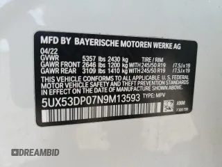 2022 BMW X3 xDrive30i with VIN 5UX53DP07N9M13593, listed as a Copart auction lot 82590314 with Not Provided miles and Salvage Title. Bid and sale history available at DreamBid. Image 13.