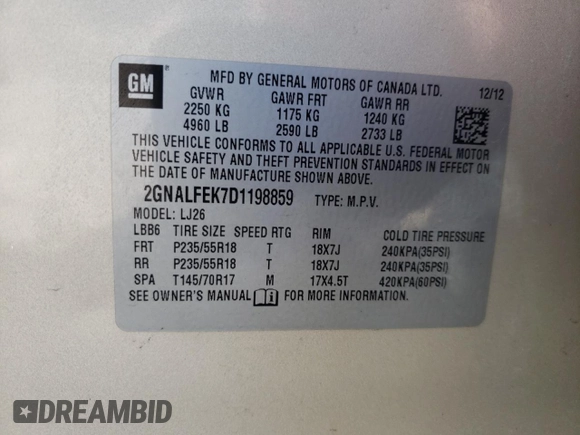 2013 Chevrolet Equinox LTZ with VIN 2GNALFEK7D1198859, listed as a Copart auction lot 45163335 with 71,797 mi miles and Salvage Title. Bid and sale history available at carsss.com. Image 13.