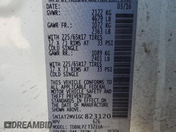 2016 Nissan Rogue SV with VIN 5N1AT2MV1GC823120, listed as a Copart auction lot 49670025 with 122,153 mi miles and Salvage Title. Bid and sale history available at DreamBid. Image 14.
