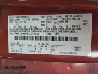 2019 Ford Escape Titanium with VIN 1FMCU9J96KUC45752, listed as a Copart auction lot 55819195 with 51,748 mi miles and Salvage title. Bid and sale history available at DreamBid. Image 13.