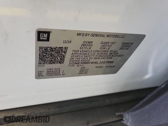 2020 Chevrolet Traverse with VIN 1GNERMKW4LJ167956, listed as a IAAI auction lot 42899082 with 130,713 mi miles and . Bid and sale history available at DreamBid. Image 10.