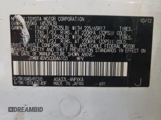 2012 Toyota RAV4 with VIN JTMBF4DV5CD046103, listed as a Copart auction lot 55659735 with 138,269 mi miles and Salvage title. Bid and sale history available at DreamBid. Image 14.