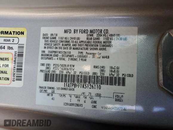 2019 Ford Mustang GT Premium with VIN 1FATP8FF1K5126110, listed as a Copart auction lot 64221625 with 69,679 mi miles and Clean title. Bid and sale history available at DreamBid. Image 12.