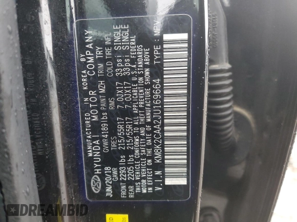 2018 Hyundai Kona SEL with VIN KM8K2CAA2JU169664, listed as a Copart auction lot 84850834 with 35,774 mi miles and Salvage Title. Bid and sale history available at carsss.com. Image 14.